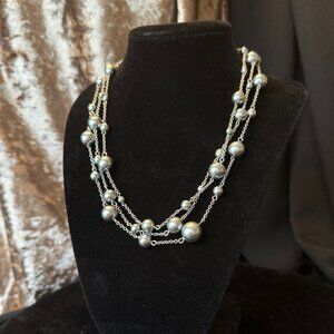 Talbots Triple Chain Silver Faux Pearl Station Necklace + Stud Earrings Vintage